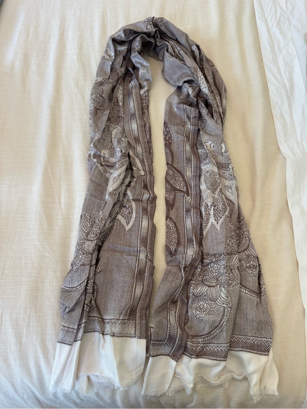 Lightweight Floral Paisley Scarf in Taupe and Ivory